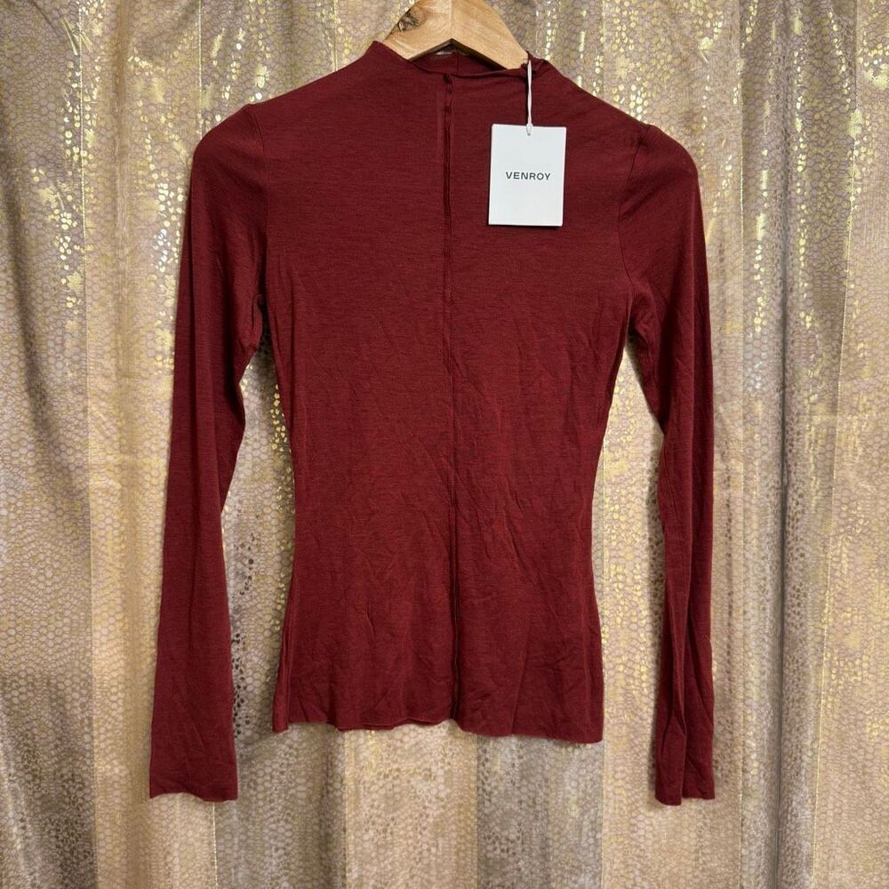 Venroy Raw Cut Long Sleeve Top XS Red Mahogany Mock Neck Wool Blend NWT